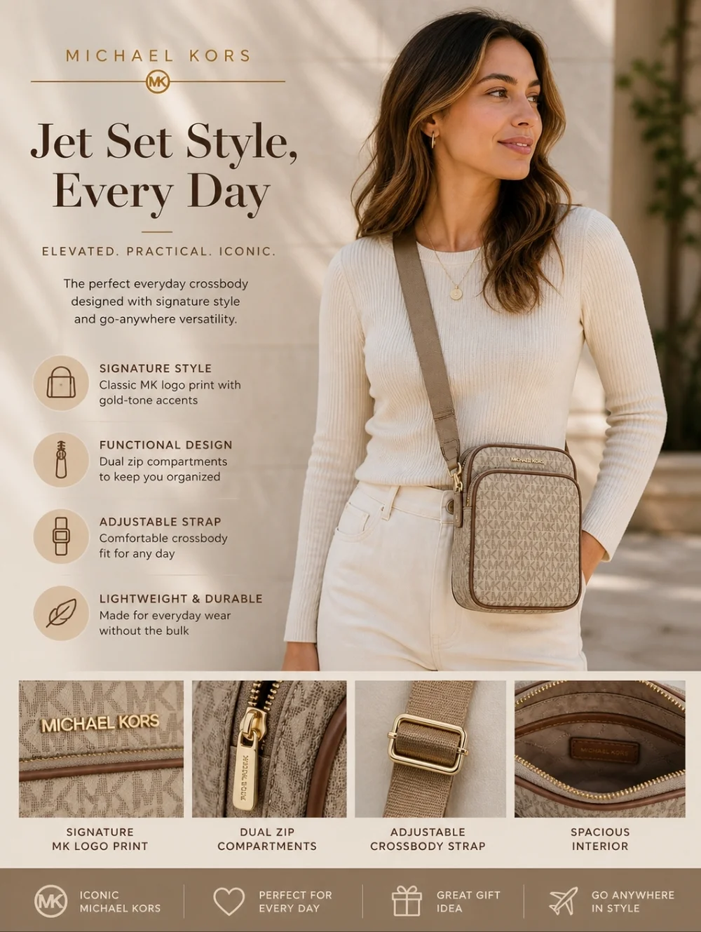 Michael Kors MK Signature Logo Crossbody Bag | Vanilla/Acorn | Flight Bag